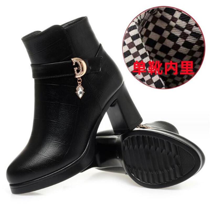 Fashion Winter Women Genuine Leather Ankle Boots Female Thick Plush Warm Snow Boots Mother Non-slip Booties Women High Heel Shoe
