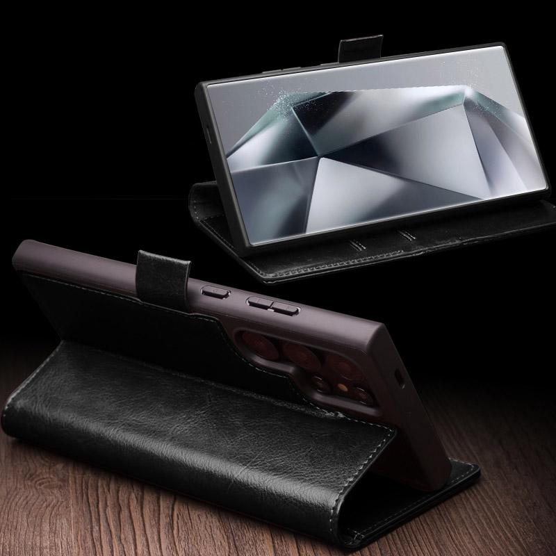 QIALINO For Samsung Galaxy S24 Ultra Wallet Case Genuine Cow Leather Folio Flip Cover