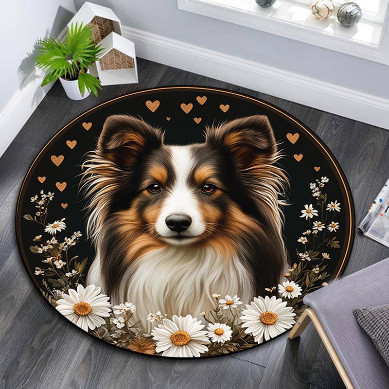 Collie Dog Round Area Rug,Carpet Rug for Living Room Bedroom Sofa Playroom Decor,Non-slip Floor Mat