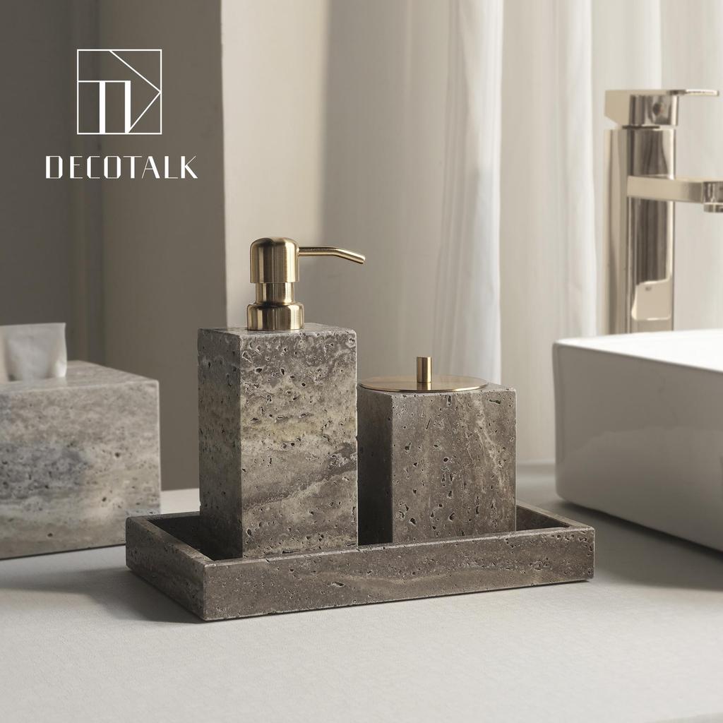 Set da Bagno Travertino Grigio Argento Wabi-Sabi: Vassoio e Decorazione per Lavabo.