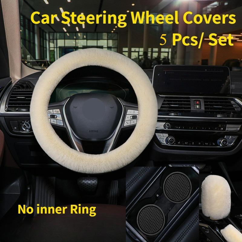 5pcs Plush Car Steering Wheel Cover & Safetybelt Shoulder Protector, Handbrake Cover & Armrest Box Pad