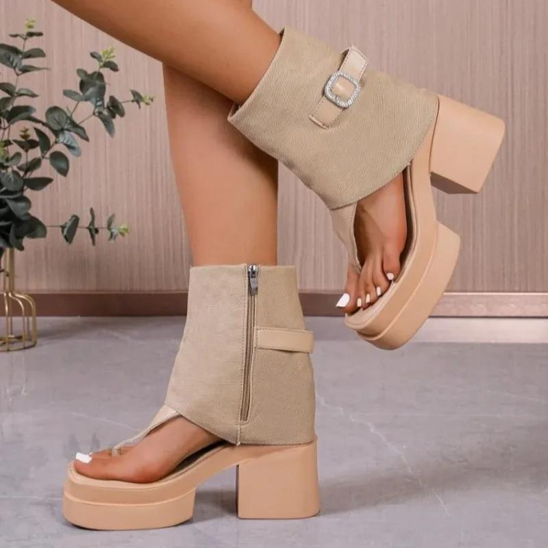Fashion Ladies Shoes 2025 Cover Heel Women's Sandals Buckle Chunky Heels Side Zip Ankle Boots Women Platform Modern Thong Heeled Sandals