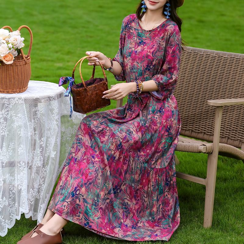 Women's Floral Print Maxi Dress, Tie Waist 3/4 Sleeve Casual Summer Dress (XL-5XL)