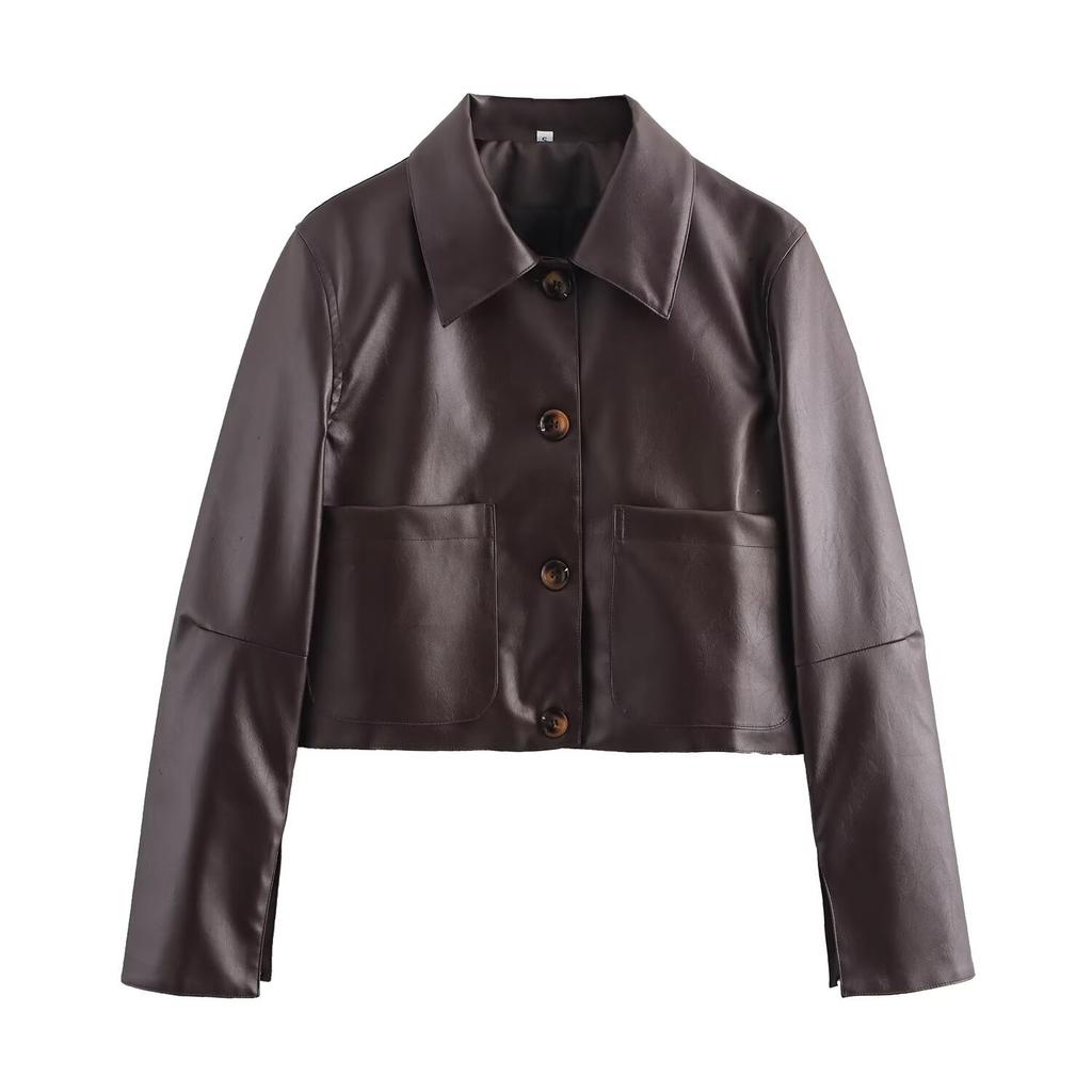 Autumn new women's clothing, European and American style French design sense fashionable versatile short cuff split leather jacket