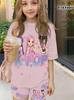 2026 Girl Clothes Kpop Cartoon Graphic Print Fashion O-Neck Short Sleeve Set Child Girl Outdoor Street Casual Girls' Clothes Set