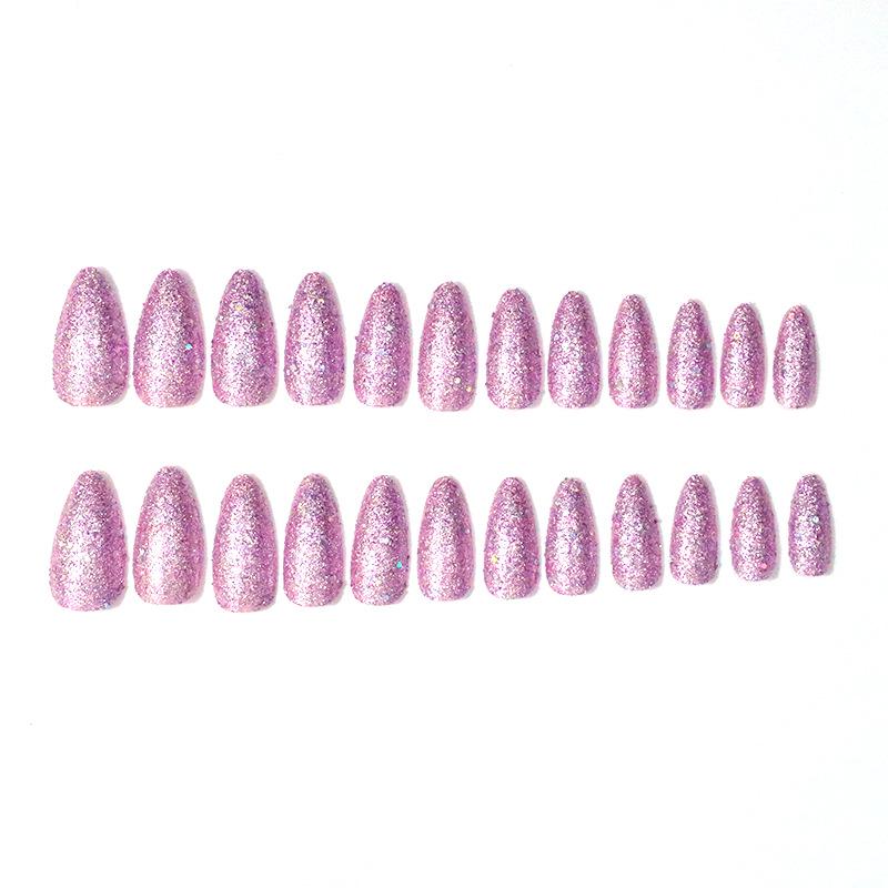 Stylish Pink & Purple Glitter Long Almond Nail Art Set - 24 Pieces