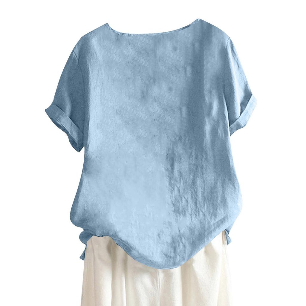Ladies' Fashionable And Casual Cotton And Linen Short-sleeved Top With Buttons, Round-neck Floral Print T-shirt