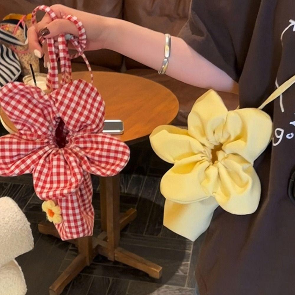 Cute Flower Handbag Korean Style Small Crossbody Bag Casual Plaid Drawstring Bag Outdoor