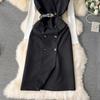 New 2024 Autumn Winter Black Knitted Sweater Tops Suits For Women Notched Collar Sleeveless Tank Double-Breasted Belt Dress Sets
