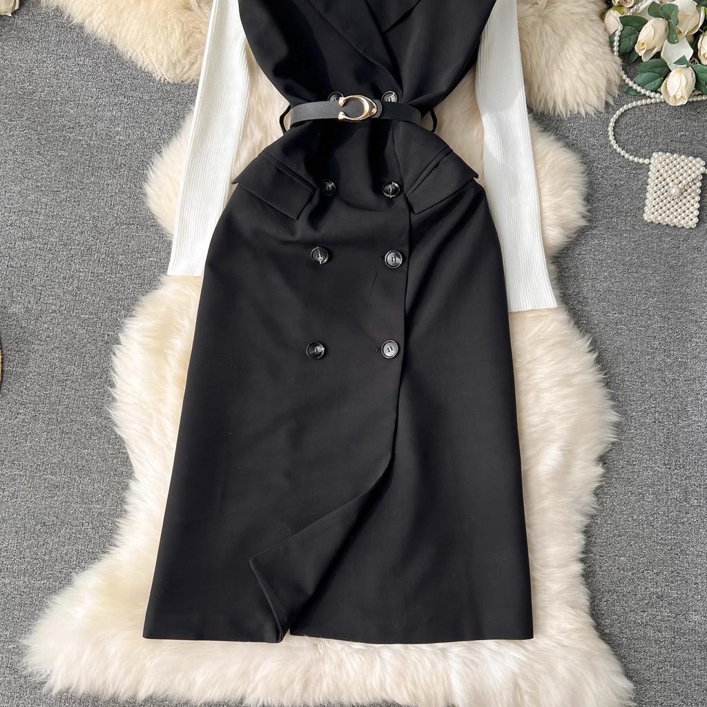 New 2024 Autumn Winter Black Knitted Sweater Tops Suits For Women Notched Collar Sleeveless Tank Double-Breasted Belt Dress Sets