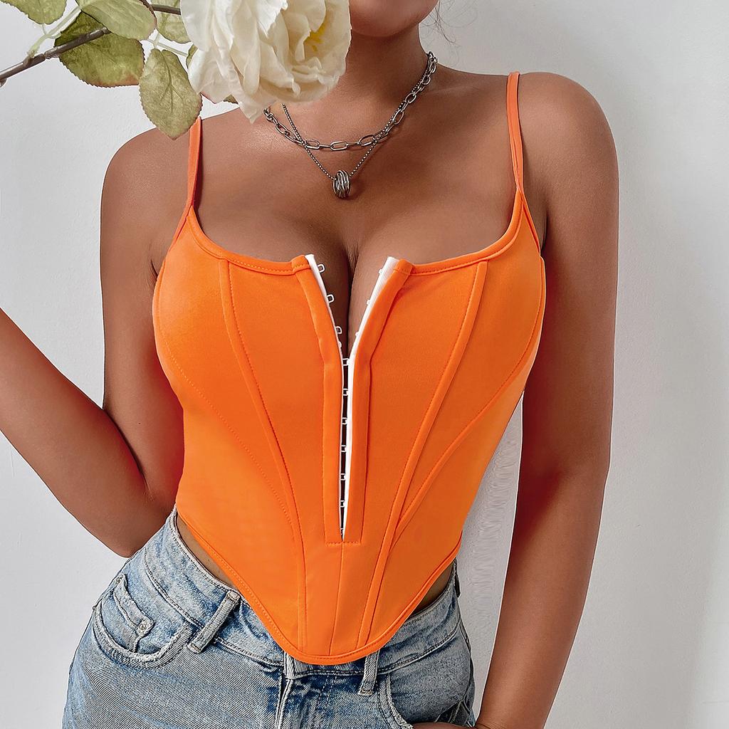 Women's Splicing Row of Buttons Fishbone Drawstring Waist Slim Diamond Backless Halter Small Vest