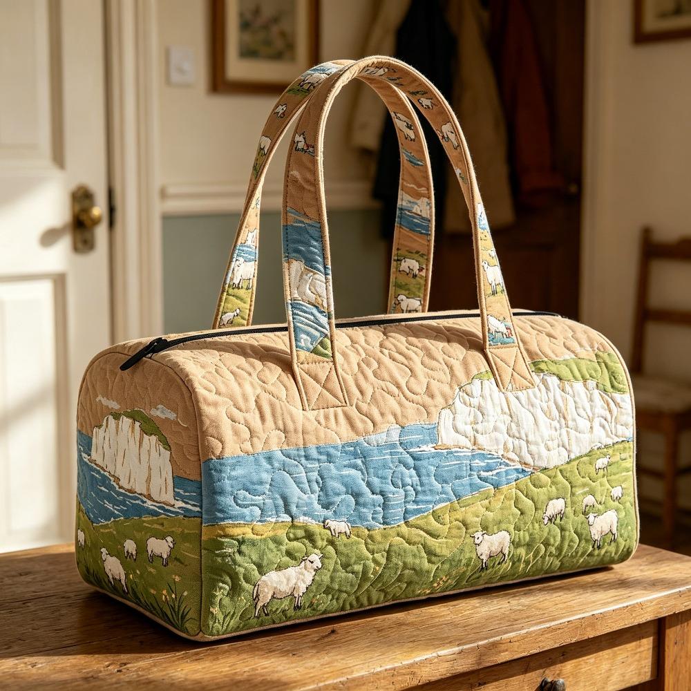Quilted Travel Handbag Pastoral British Coastal Weekend Bag Bohemian 3D Quilted Leisure Travel Fitness South Downs Cliffs and Grazing Sheep Graphic