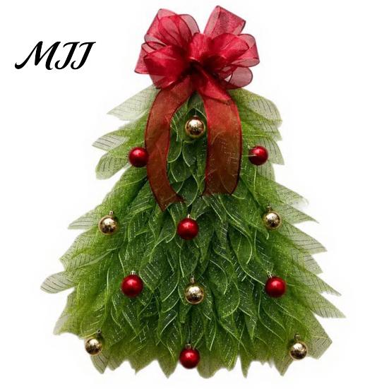 Lighted Christmas Garland Handmade Tree Wreath for Front Door, Xmas Shaped Teardrop Swag Door Hanger Gift Family with Light, Holiday Hanging