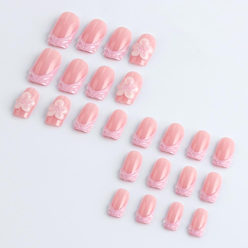 Cross-border Sweet Pink Floral 3D Glue Medium Square Nail Tips - 24 Detachable Pieces