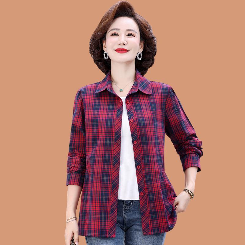 

Mom’s Pure Cotton Plaid Long-Sleeve Shirt - Stylish, Loose Fit for Middle-Aged and Elderly Women 3XL for 120-135 lbs