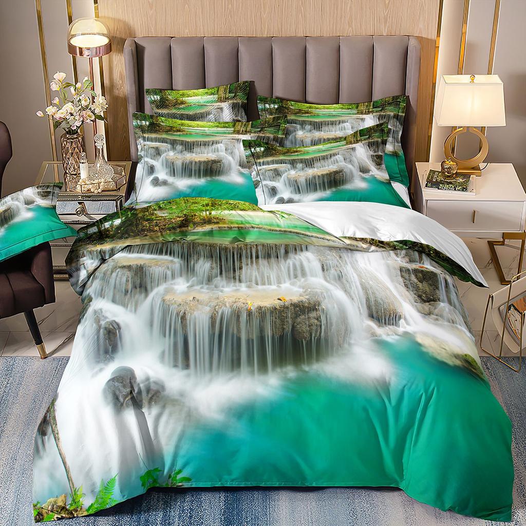 Three-Piece Beautiful Landscape 3D Bedding Stream Waterfall Printing Quilt Cover Home Textile Batch