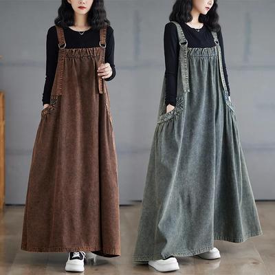 Frühling Winter Frauen Plus Größe Sommerkleid Hosenträger Casual Lose Kleid Herbst Ärmelloses Retro Lose Abnehmen Kleid