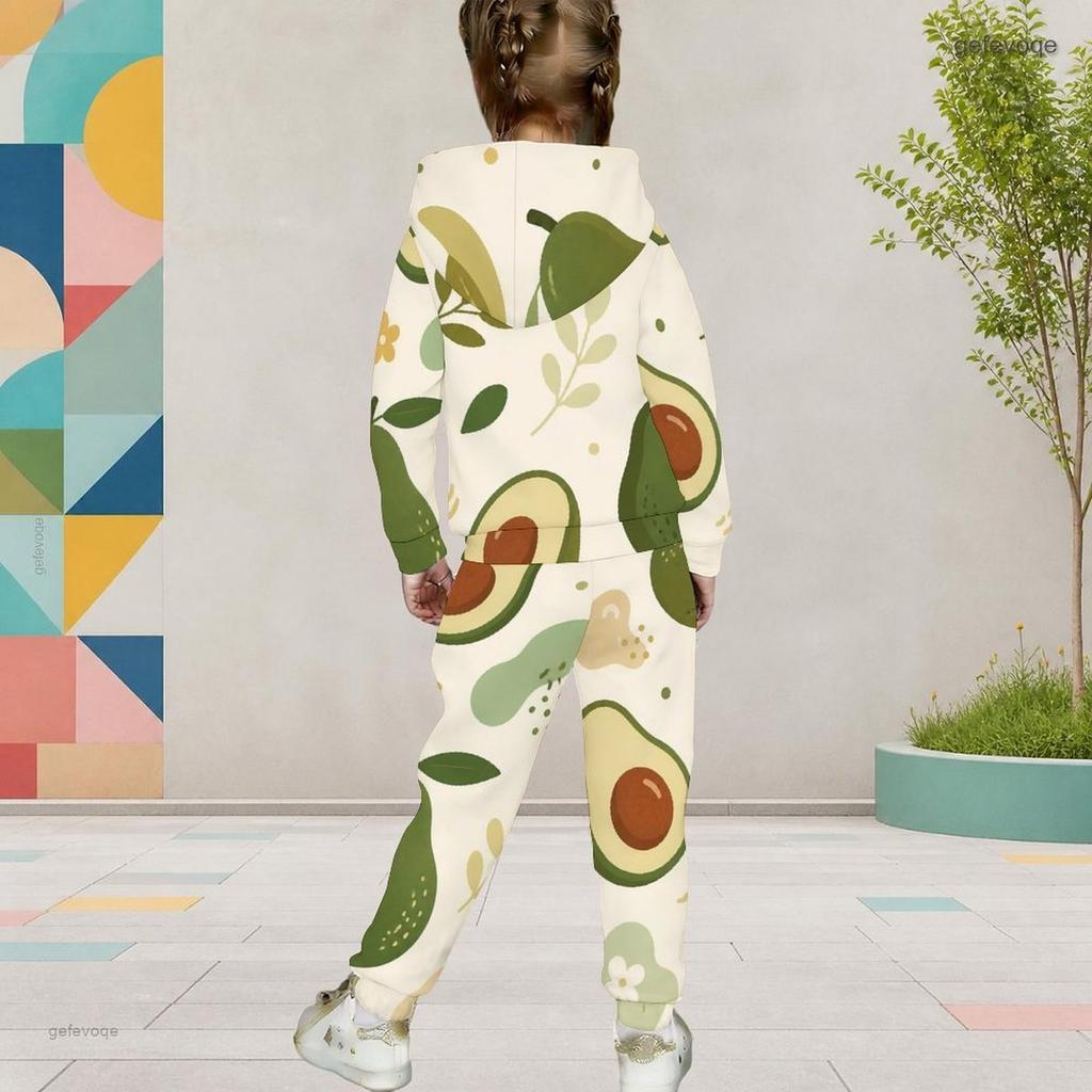 Girls Hooded Long Sleeve Fruit Leaf Printed Tracksuit Kangaroo Pocket Cuffed Pants Two Piece Set
