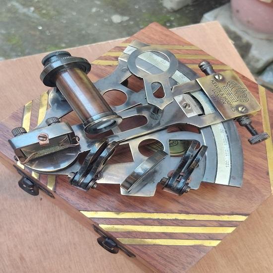 Brass Nautical Sextant with Wooden Box Marine Navigation Instrument
