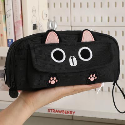 Embroidered Black Cat Pencil Case 4 Layer Large Capacity Student Stationary Boxes Portable Pen Storage Bag Office School Supplie