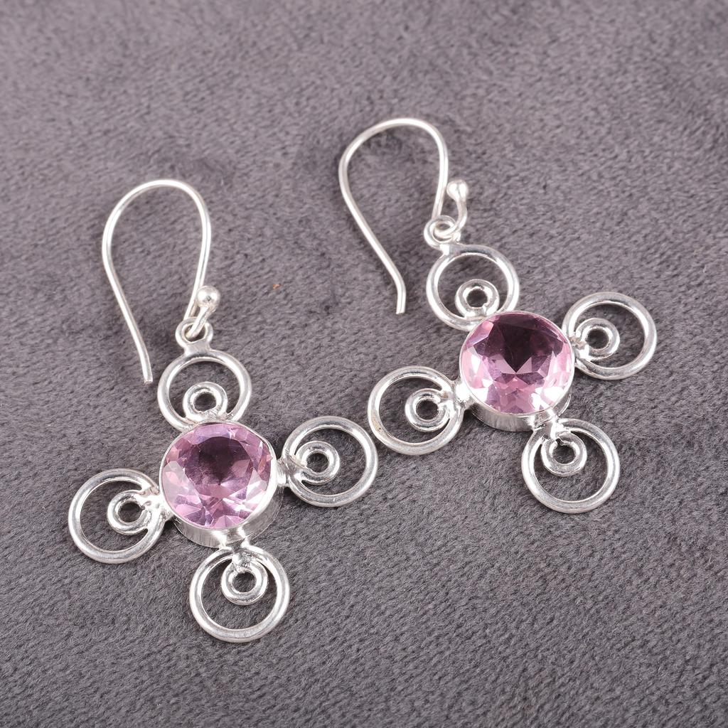 Morganite Earrings, Handmade Gemstone 925 Solid Sterling Silver Earrings Antique Jewelry, For Engagement Gift