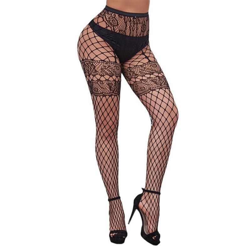 Women Large Mesh Jacquard Fake Strap Openwork Fishnet Pantyhose Intimate Hosiery