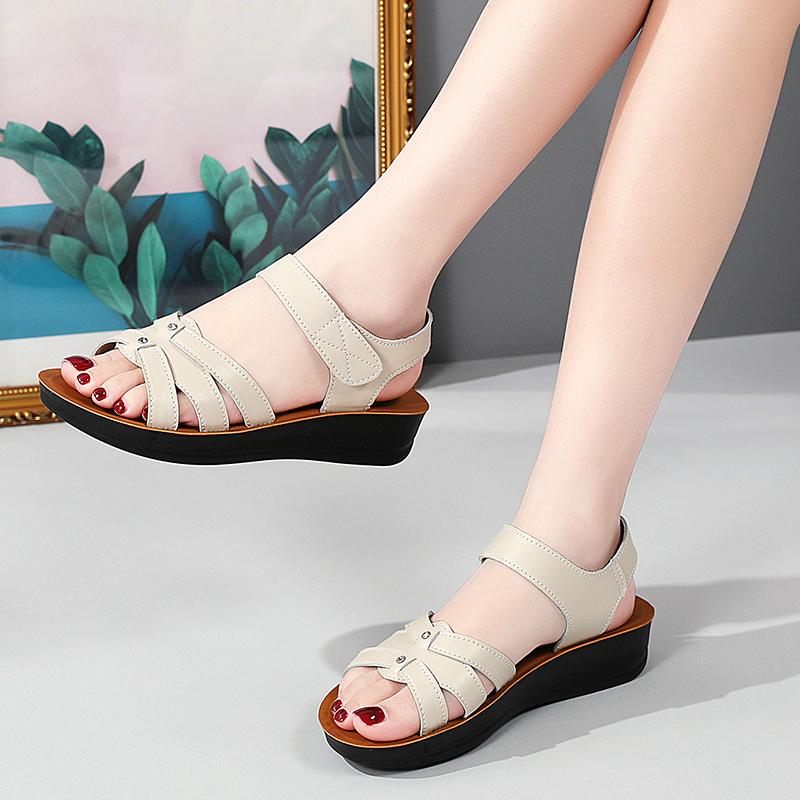 Fashion Mother Sandals Summer Soft Soled Middle-aged and Elderly Non-slip Work ShoesWedges Flat Grandma Shoes To Wear Outside