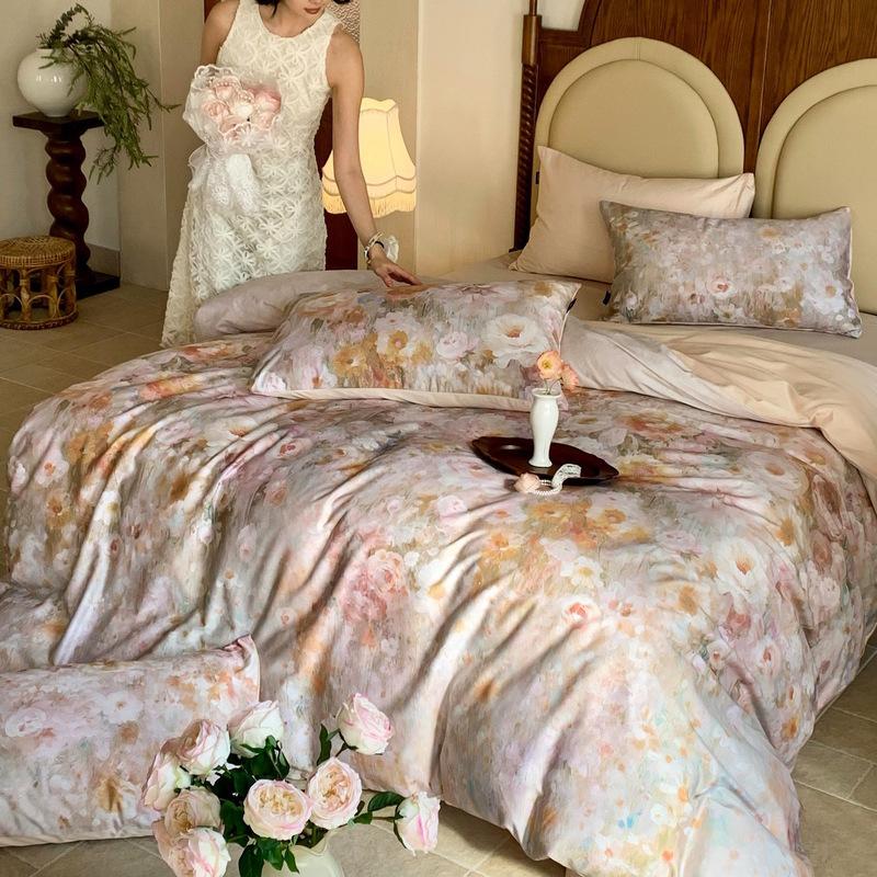 French Pastoral Oil Painting Style 100S Pure Cotton Satin Long-Staple Cotton Four-Piece Digital Printing Bedding