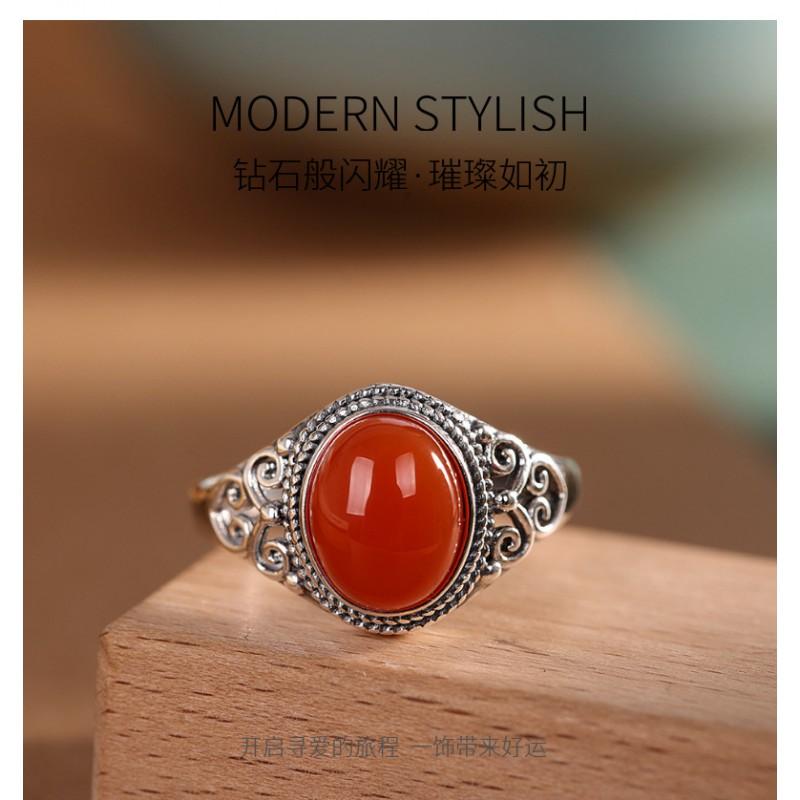 Adjustable Open Ring With Red Agate Geometric Heart Design Vintage Boho Style Copper Jewelry Women Men