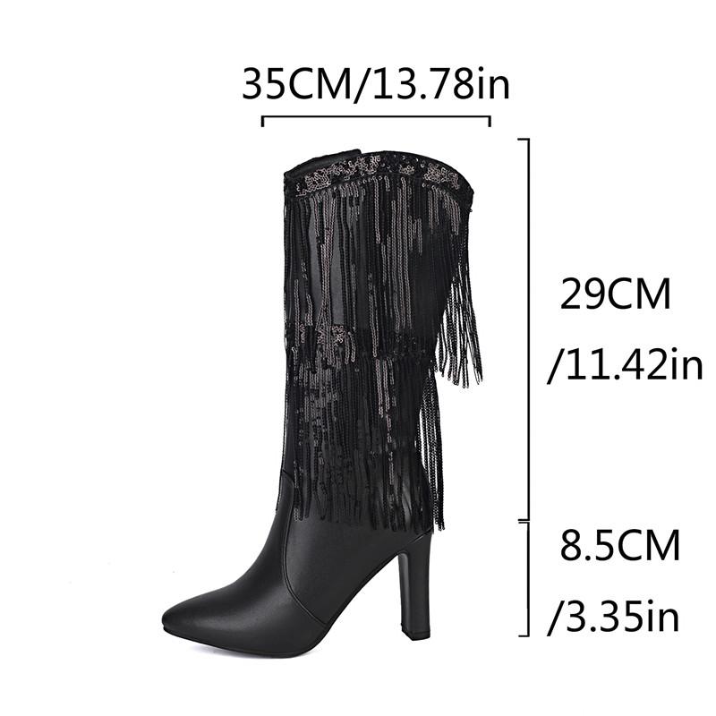Damen High-Heel Stiefel Herbst und Winter neu Europäische und amerikanische Stiefel mit dickem Absatz und Fransen Übergröße mittelhohe Stiefel