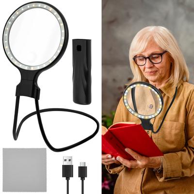 2 In 1 Hands Free Magnifying Glass With 30 Led Lights Portable Handheld & Neck Wear Magnifier For Reading Sewing Handicraft