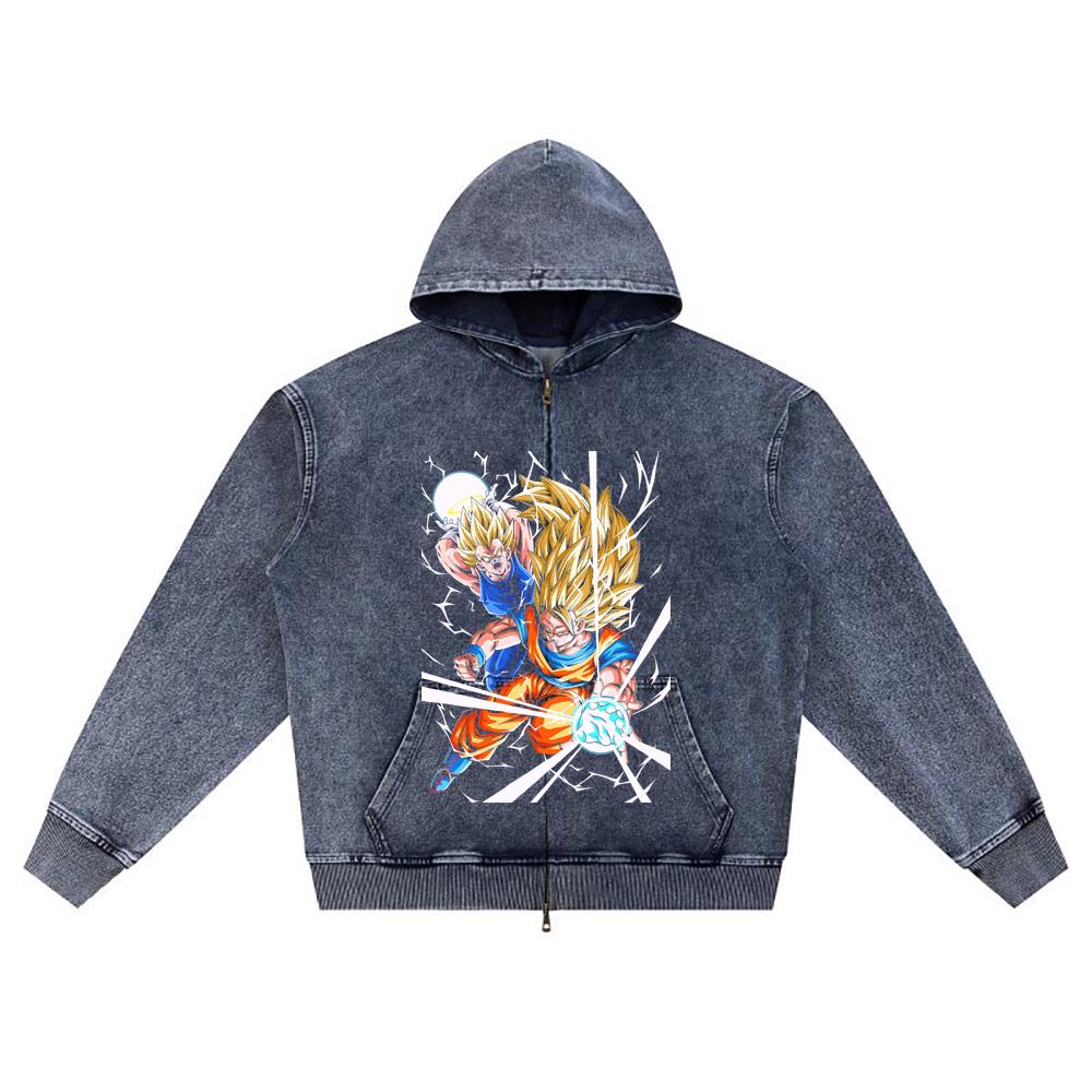 

DTG-печать Вязаный джинсовый худи на молнии Копия Dragon Ball Brother Принт Толстовки на молнии с капюшоном XL темно-синий