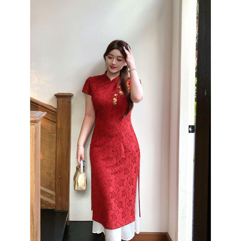 Plus-Size Women's Clothing, New Chinese-Style Improved Cheongsam, Red Slimming Toast Dress, Formal Dress, Dress