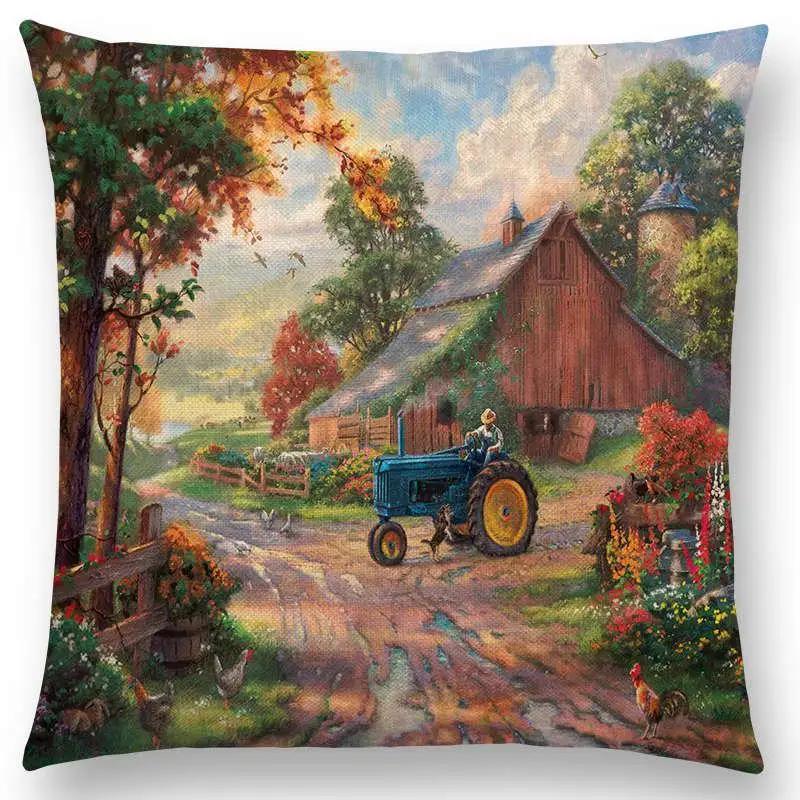 Newest American Countryside Oil Painting Cushion Cover Beautiful Scenery The Castle Lighthouse Sofa Throw Pillowcase