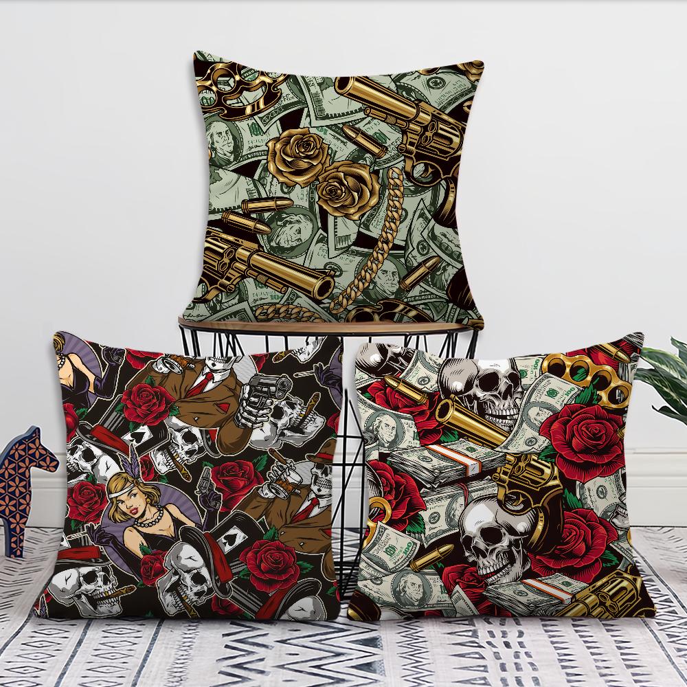 Rose Skull Dollar Pistol cool fashion cushion cover Pillow Cover Decoration Room Home Sofa living Office Car Nordic Simplicity