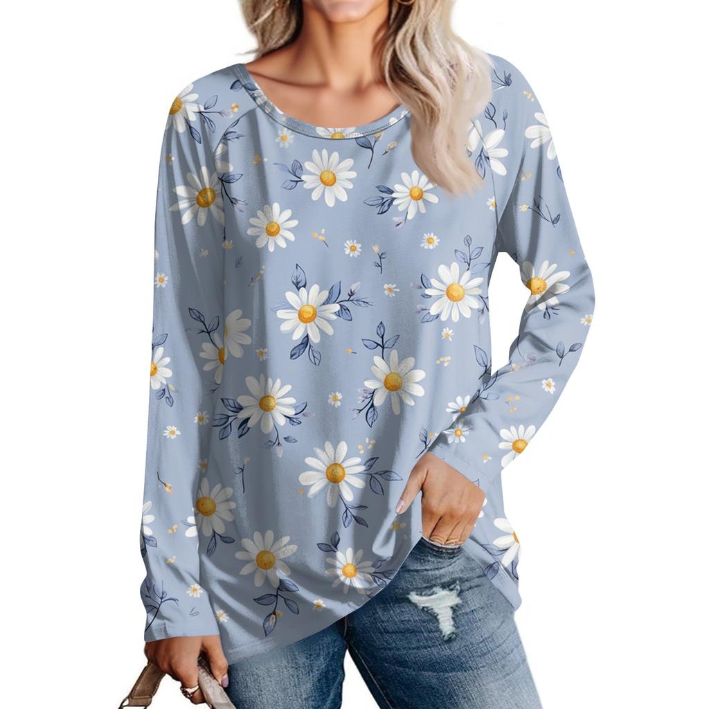 Dames Mode Casual Lange Mouw Print Ronde Hals Pullover Top Blouse
