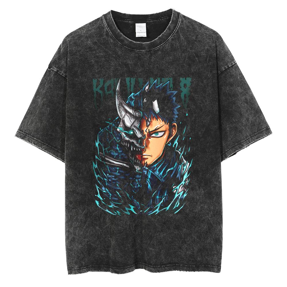 Japan Anime Kaiju No. 8 Cool Print T Shirt Men Women Vintage Washed Cotton Tshirts Oversized T-shirt Harajuku Male Y2k Tee