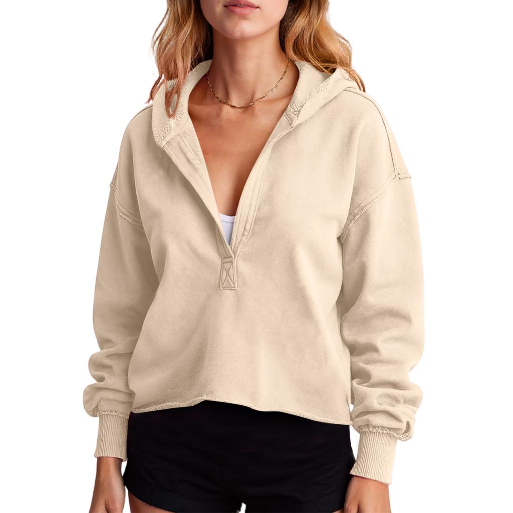 Women's Solid Color Loose Hooded Sweatshirt V-neck Top Pullover Long Sleeved Shirt