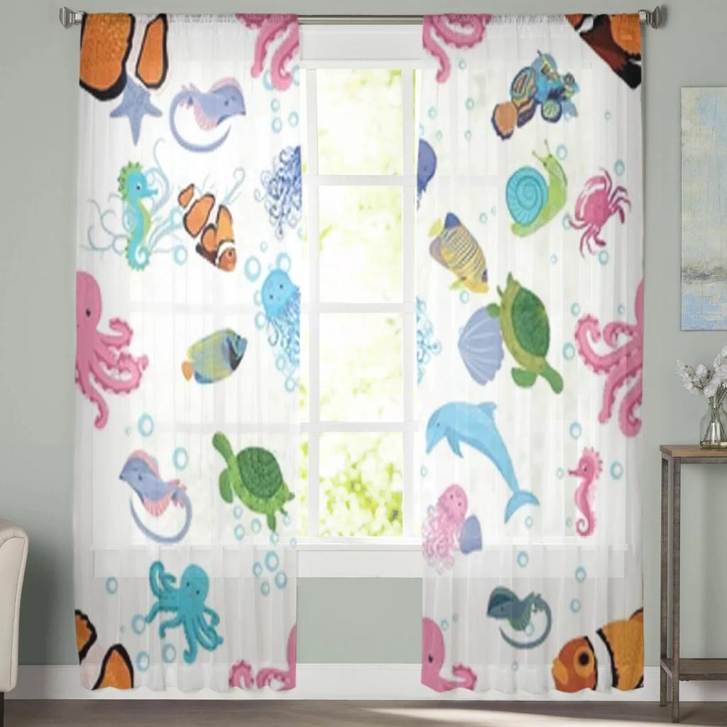 Meereslebewesen, Fische, Tiere, durchsichtige Vorhänge, Schlafzimmer, Voile-Vorhang, Wohnzimmer, Fenster, durchsichtige Vorhänge, Küche, Tüllvorhänge