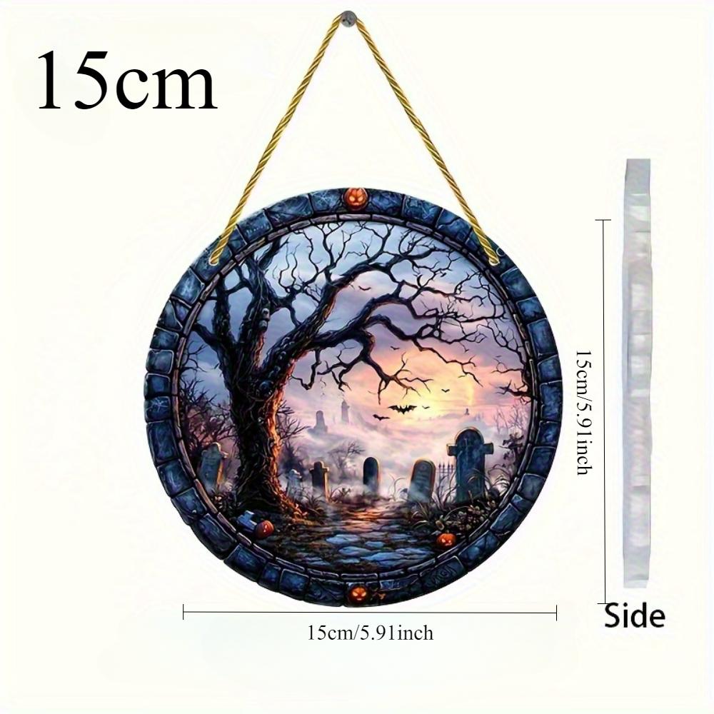 2D flat round acrylic pendant, Halloween cemetery bat and pumpkin pattern art decoration plaque, for window, wall, porch, classroom, yard  decoration
