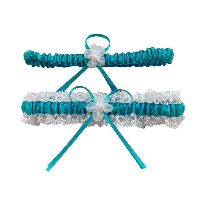 2Pcs Trimmed Lace Bowknot Bridal Garters Set for Engagement Party Accessory Gift