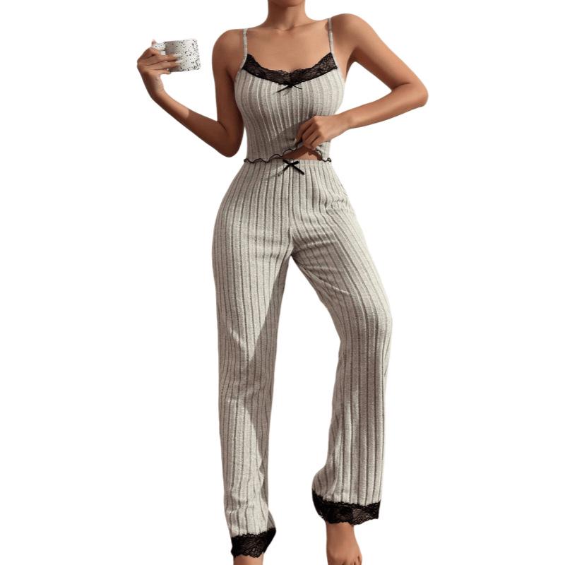 Cross-Border Hot-Selling Women's Rib Knit Heart Camisole Pajamas Set - Wearable Outdoors with Long Pants
