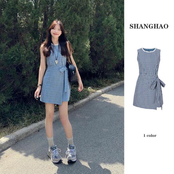 

Женское летнее платье-жилет без рукавов в сине-белую клетку с завязками - Повседневное, универсальное, с короткой юбкой Small