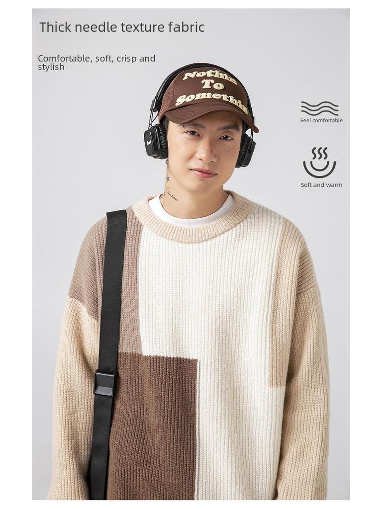 Unisex Color Block Striped Sweater, Autumn/Winter, Japanese Style, Loose Fit, Thick Knit