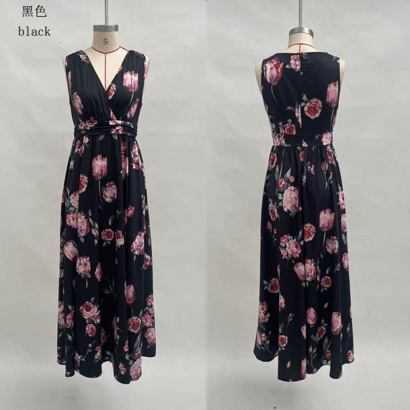 2026 summer new French V-neck light blue tulip print sleeveless long dress