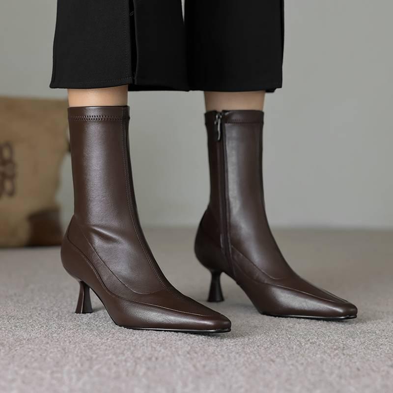 New Solid Color Versatile Martin Boots Rubber Sole High Heel Pointed Large Size Leather Boots Autumn and Winter Fine Heel Zipper Medium Boots