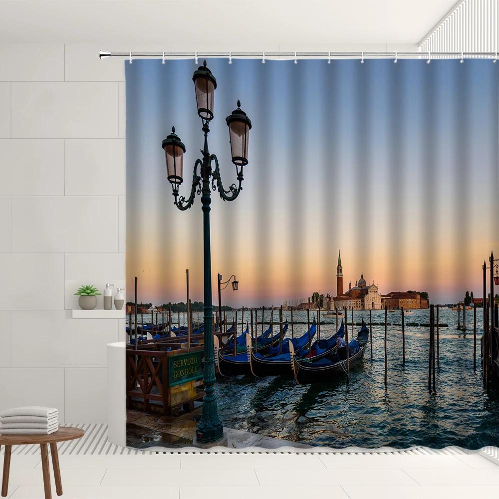 Italy Canal Scenery Shower Curtain Set Port City Romantic Venice Street Boat Retro Buildings Home Bathroom Bathtub Decor Screens