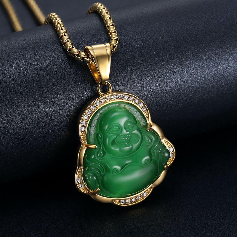 2026 gold-plated diamond-encrusted cat s eye chalcedony pot-bellied Maitreya Buddha pendant necklace 60CM