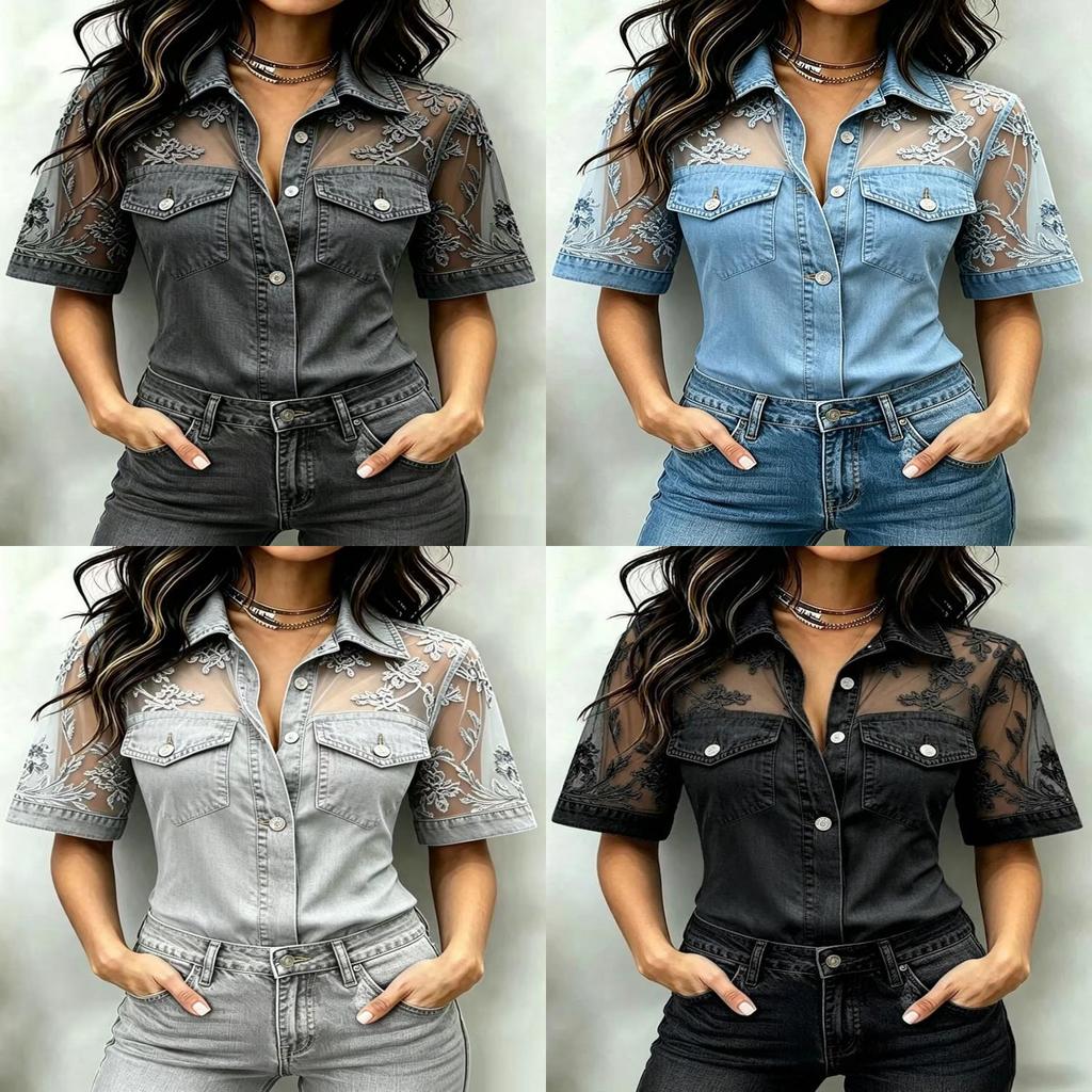 Women Casual Loose Fit Denimstyle Spliced Top With V Neck And Floral Embroidery For Fashionable Streetwear
