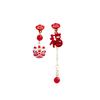 Red Festive Lion Pearl Earrings, National Style Asymmetrical Ingot Blessing Character Fringed Stud Earrings Female